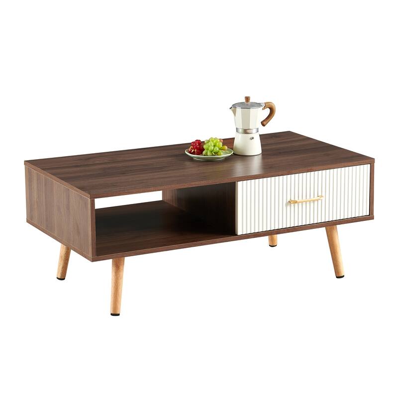 Modern Coffee Table with Drawer for Living Room,Solid Wood Legs