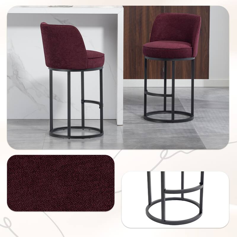 Counter Height Bar Stools Set of 2, Modern Barrel Counter Stools with Backrest, Linen Fabric Upholstered Accent Bar Stools - WINE RED