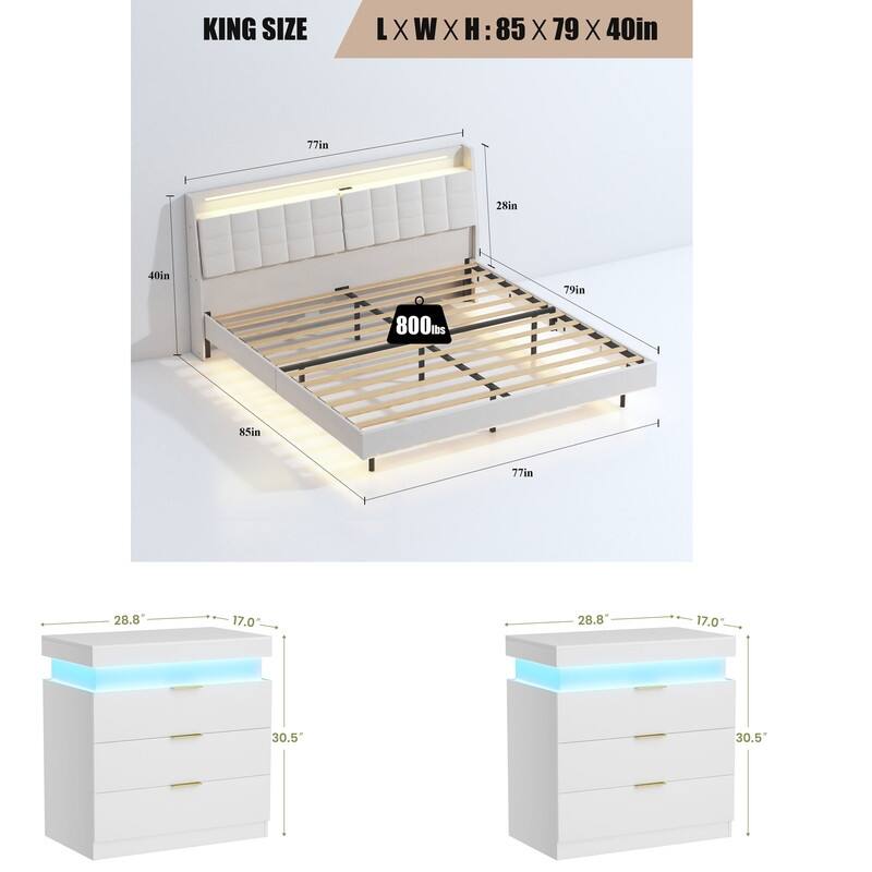 3-Pieces Bedroom Sets,Floating Bed Frame with LED Light and Charging Station and 2 Nightstand with Charging Station ,LED Lights