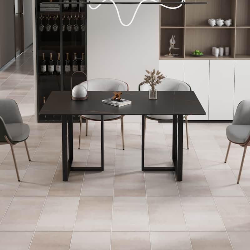 Black Modern 63L x 35W Rectangular Marble Dining Table with Steel Legs