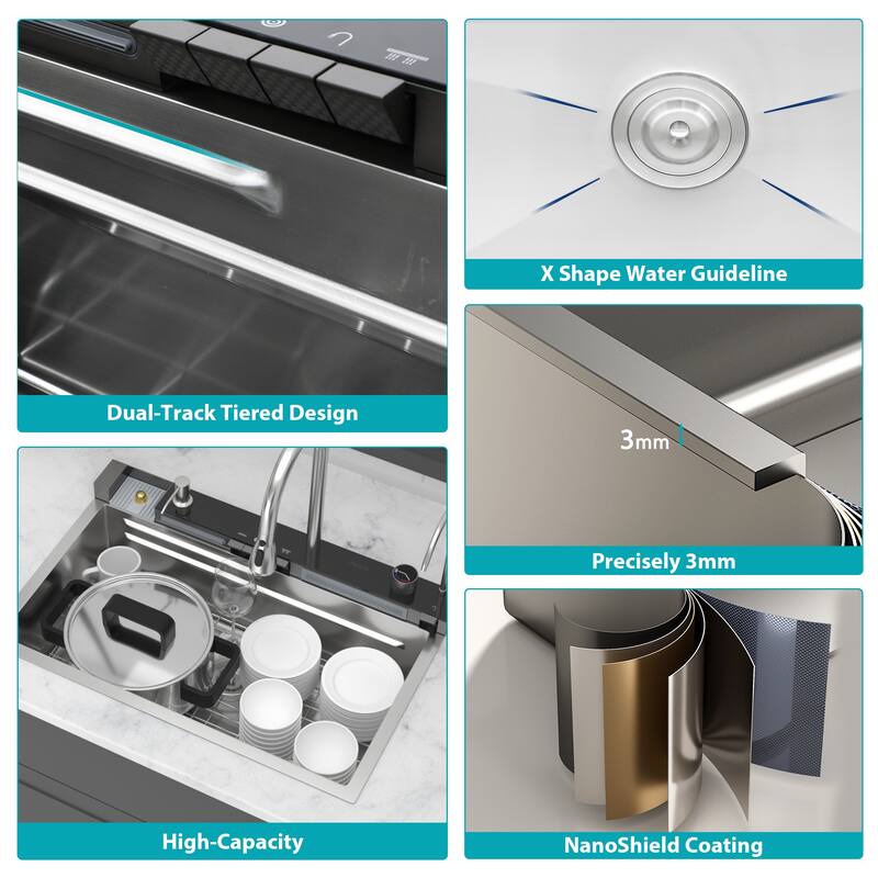 30" Kitchen Sink Waterfall Sink - Multifunction Single Bowl 16 Gauge Stainless Steel Ledge Workstation Smart Top Mount