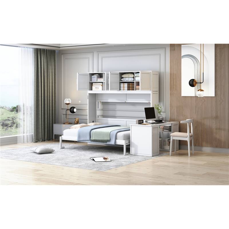Roomfitters Queen Murphy Bed with Adjustable Desk and Two Large Storage Cabinets, Wall Mounted Space Saving Sleeper
