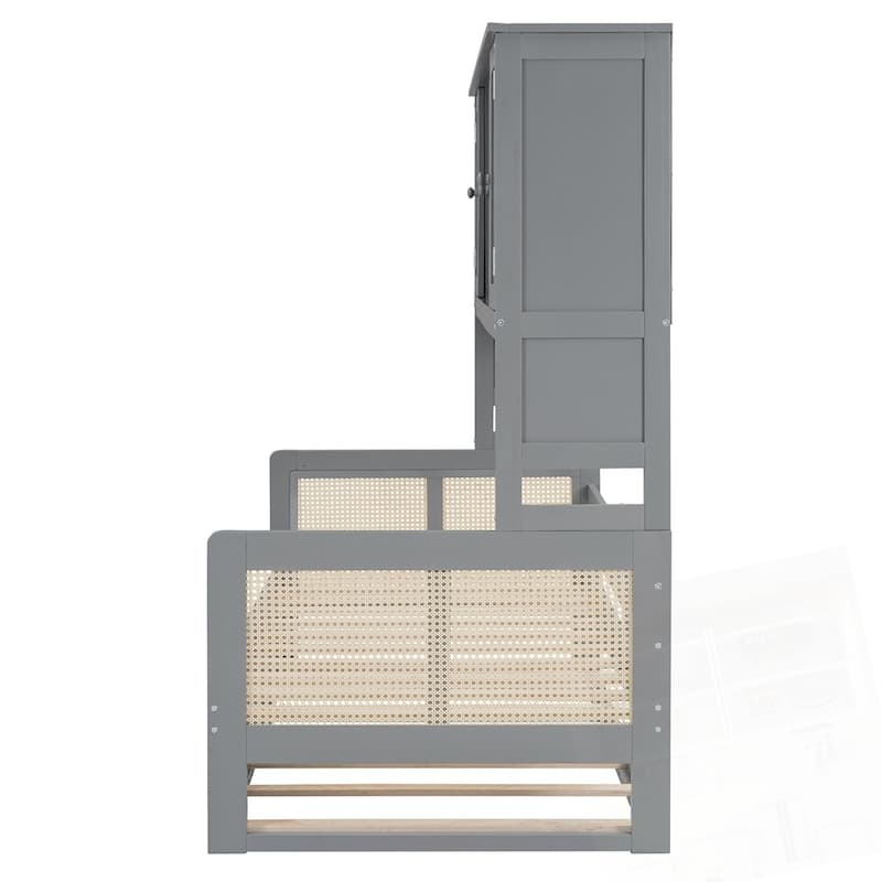Wooden Daybed With Twin Size Trundle and All-in-One Cabinet and Shelf