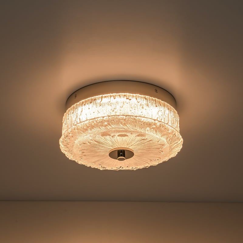 Mid-Century Modern Chrome Dome Round Cage Dimmable Integrated LED Textured Glass Flush Mount Light - Silver