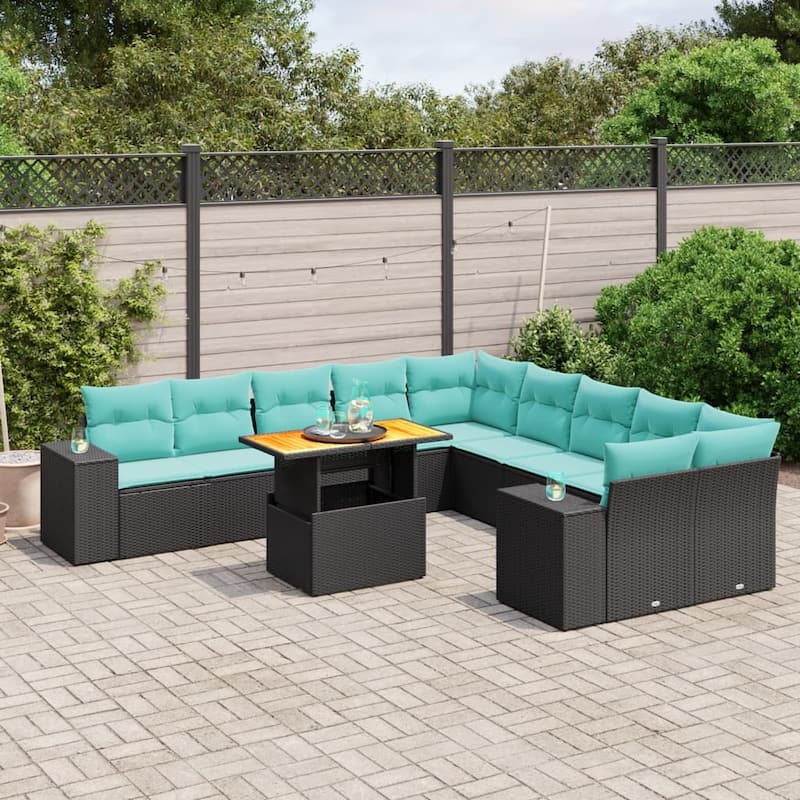 vidaXL Patio Sofa Set with Cushions Outdoor Furniture 11 Piece Poly Rattan - 24.4 x 24.4 x 27.2 - Black