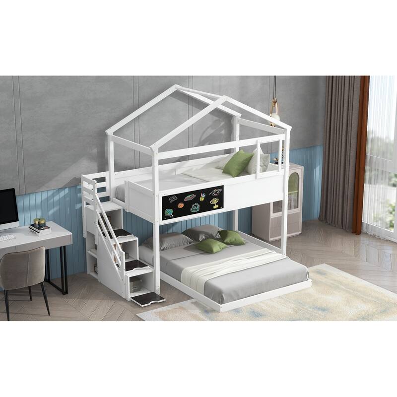 Twin Over Full Bunk Bed with Storage Staircase, Blackboard, and House Design