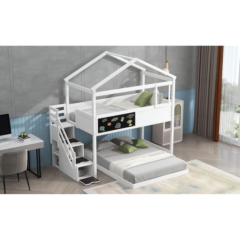 Twin over Full House Bunk Bed with Storage Staircase and Blackboard,Gray(Old SKU: GX001701AAE)