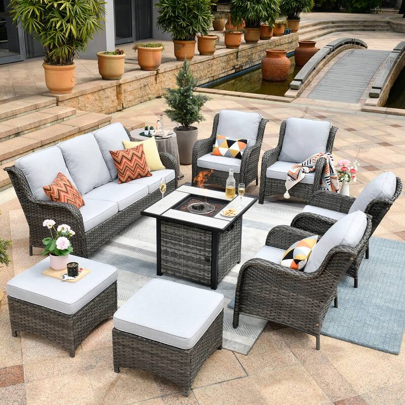 OVIOS Grey Wicker 8-piece Patio Furniture Set With Fire Pit