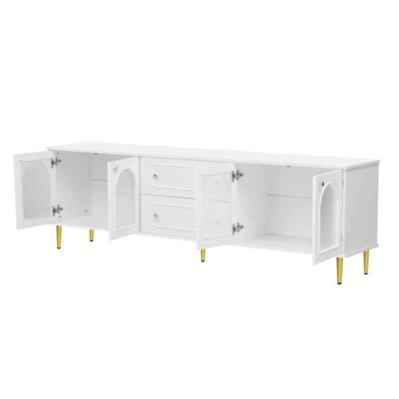 78.7'' Modern TV Stand with Five Metal Legs & Metal Handles, Glass Door Metal TV Cabinet with 2 Drawers & 2 Cabinets, Up to 80''