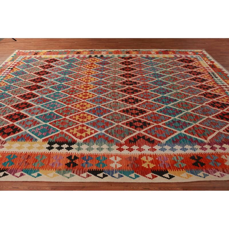 Reversible Kilim Area Rug Hand-Woven Oriental Wool Carpet - 10'3"x 12'6"