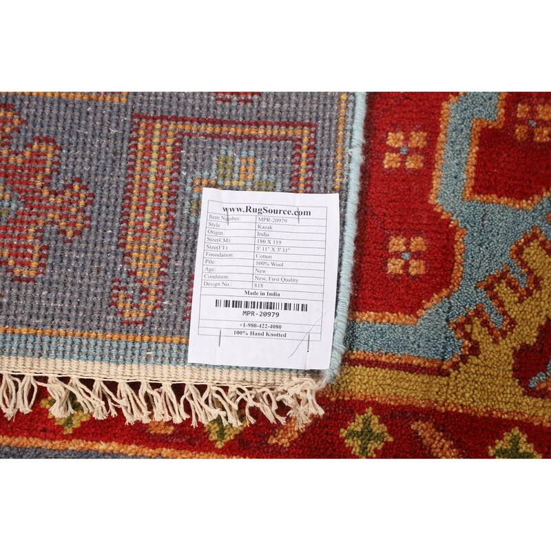 Geometric Kazak Oriental Foyer Rug Hand-Knotted Wool Carpet - 3'11"x 5'11"