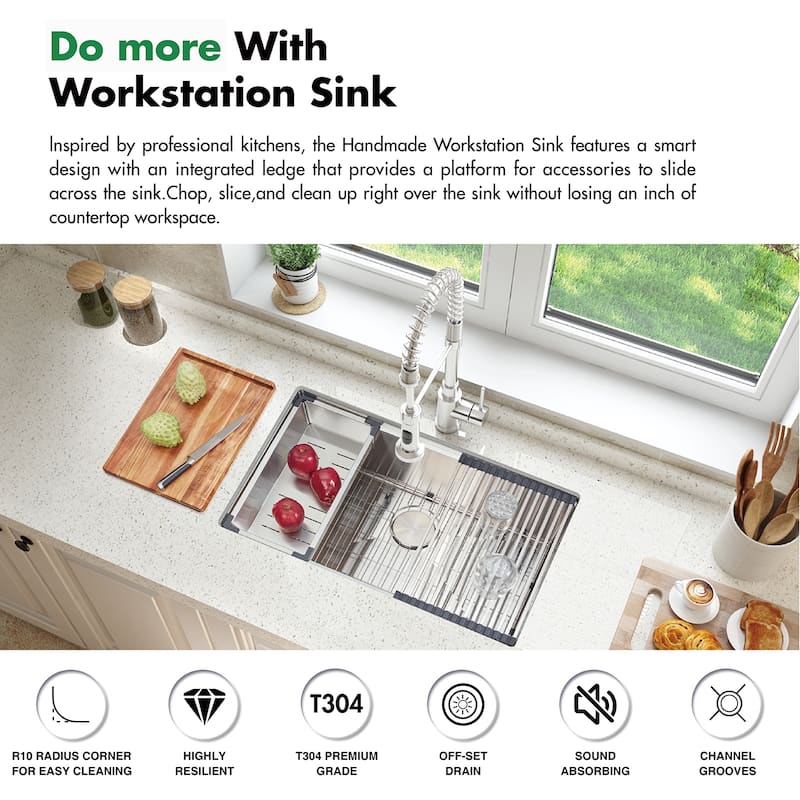 Undermount Handmade Workstation 304 Stainless Steel Kitchen Sink with grid cutting board colander drying rack and Strainer