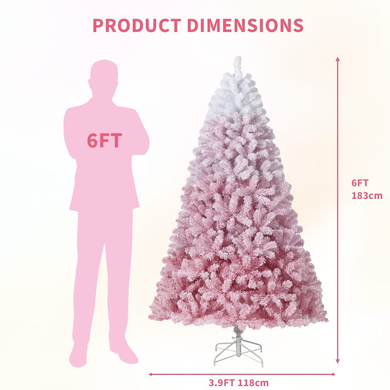 4.5FT Pink Gradient Artificial Christmas Tree – 100 Warm White LEDs, Snow Frosted, 300 Branch Tips, Metal Stand