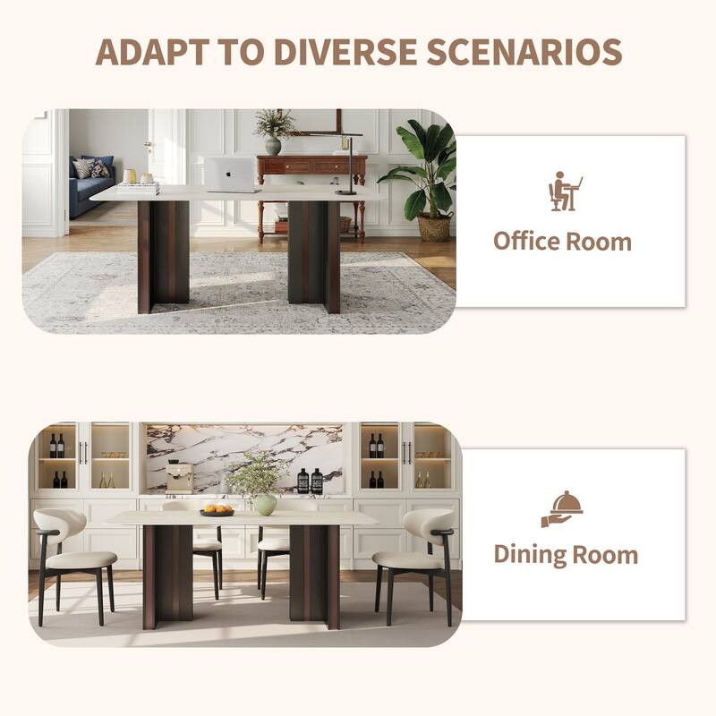 63" Modern Rectangular Writing Desk, Travertine Sintered Stone Top, Stainless Steel Double Base