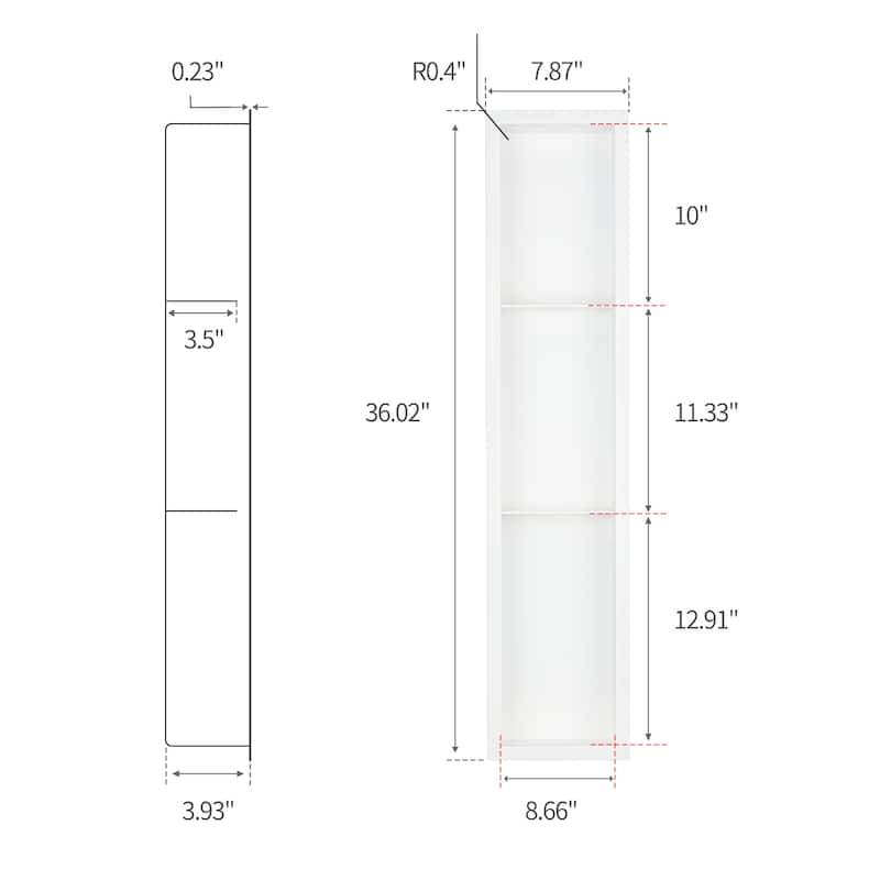 36"x9" Stainless Steel 18 Gauge White Cream Rectangular Recessed Shower Niche