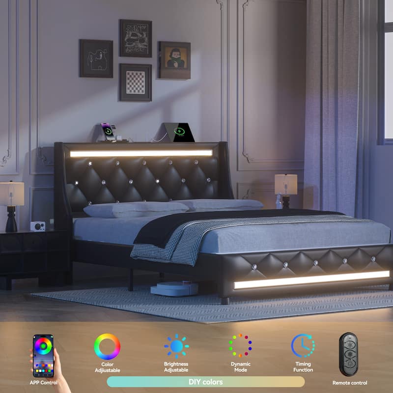 Heavy Duty Metal Bed Frame with Wood Slat, Upholstered Wingback Platform Bed, Diamond Tufted LED Headboard with Charging Station
