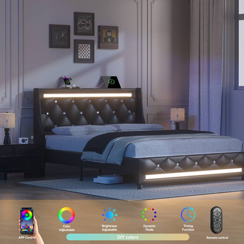 Queen Bed Frame with Headboard,Upholstered Platform Bed Frame Full Size with Charging Station & LED Lights,Wooden Slats Support
