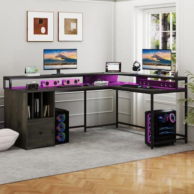 Moasis 66" L Shaped Corner LED Computer Desk with Cabinet and Power Outlets