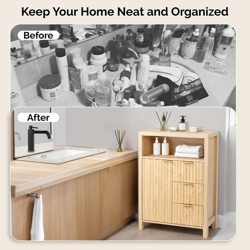 Freestanding Cabinet Oak 3-Drawer 1-Door Bathroom Livingroom