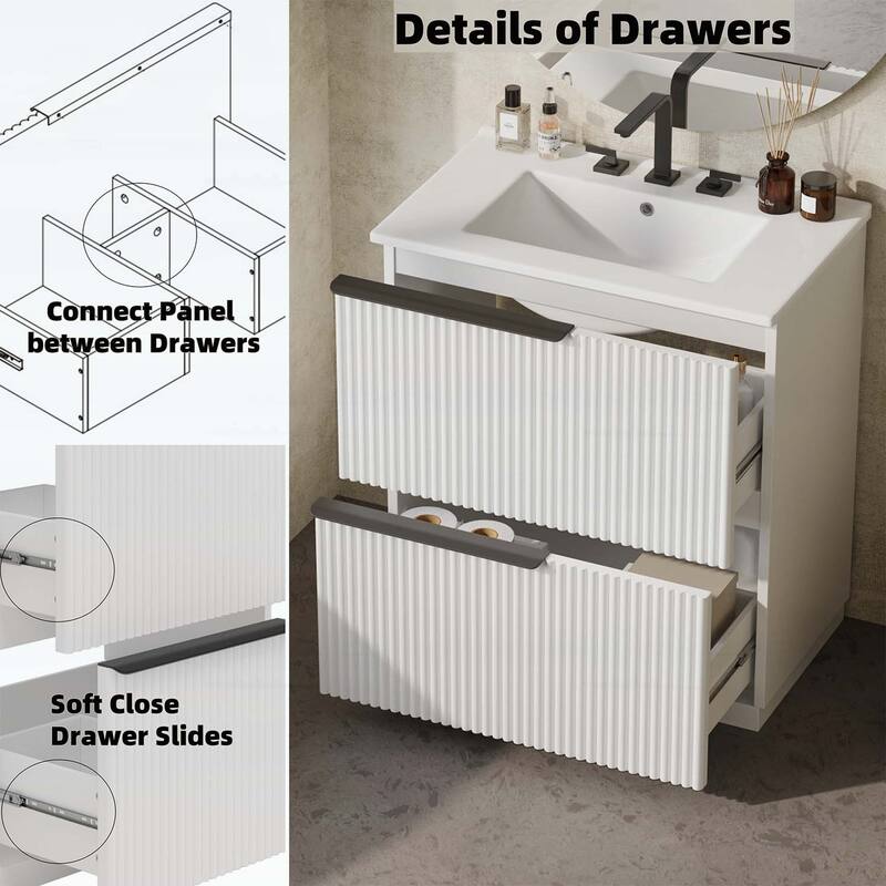 30 Inch Freestanding Bathroom Vanity with Ceramic Sink,Full-Extension Drawers,and Fluted Design