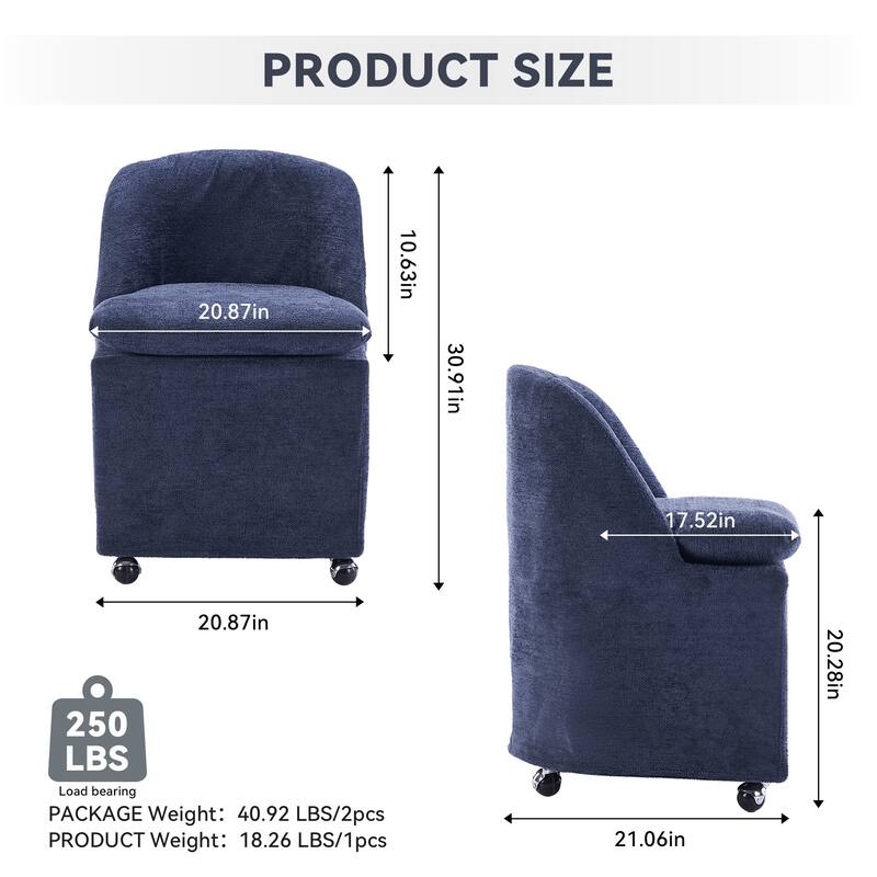 2PCS Soft Chenille Upholstered Dining Chairs, 360° Revolving with Wheels, Modern Design