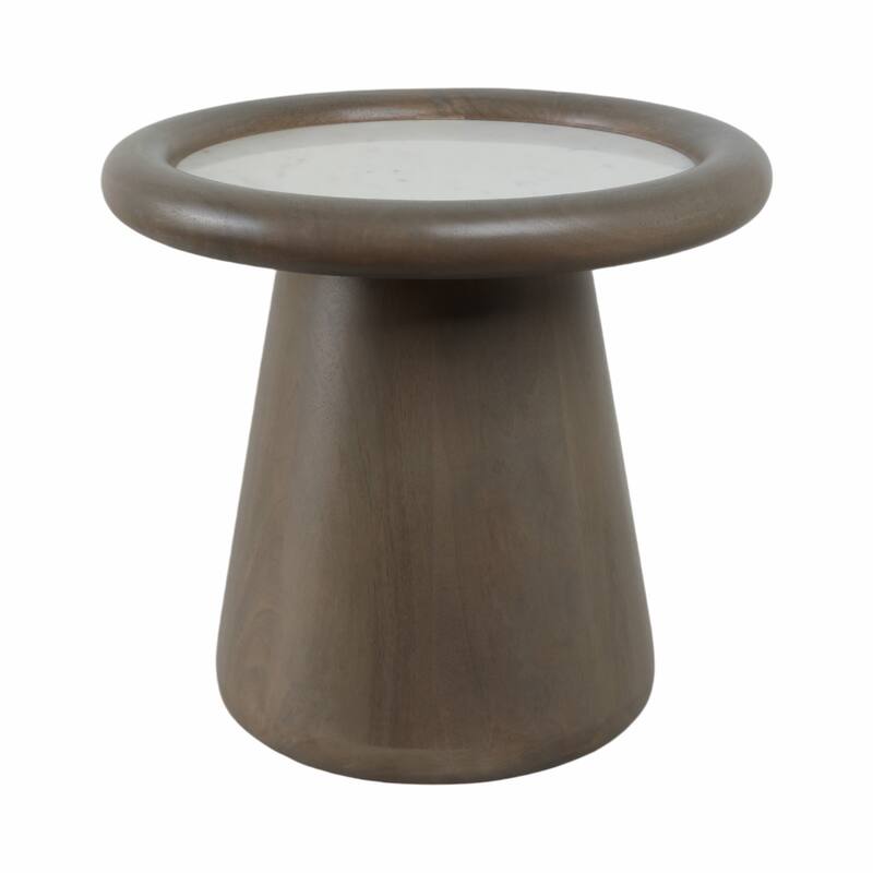 Mango Wood Marble Accent Table Round Drum Base Sculptural Design