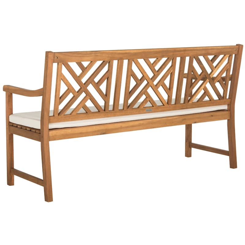 SAFAVIEH Outdoor Genara Solid Wood 3-Seat Bench with Cushion - 23Wx61Dx35H