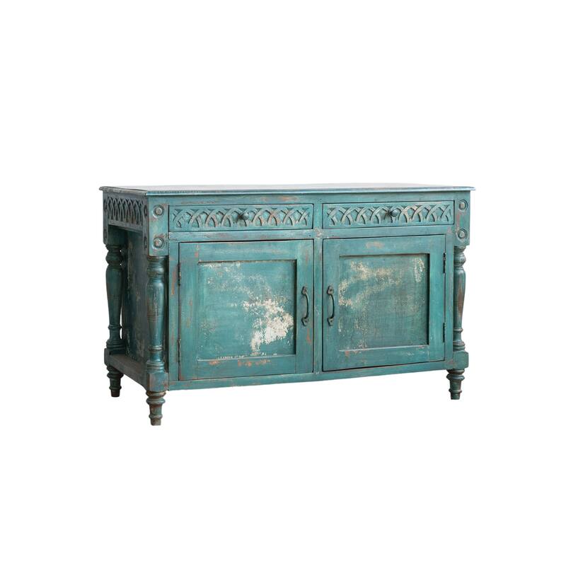 Distressed Hand-Painted Carved Mango Wood Vintage Reproduction Cabinet, Teal - 47.0"L x 20.0"W x 39.0"H