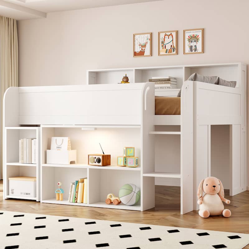 Full Size Wood Kids Loft Bed Frame with Pull-out Desk, Multiple Storage Bookshelf Built-in LED