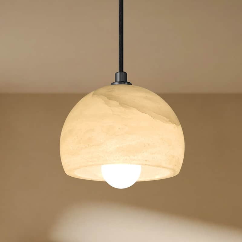 Alabaster Pendant Light for 7.9" Spanish Marble Shade Hanging Light Fixture - Hemispherical - Black