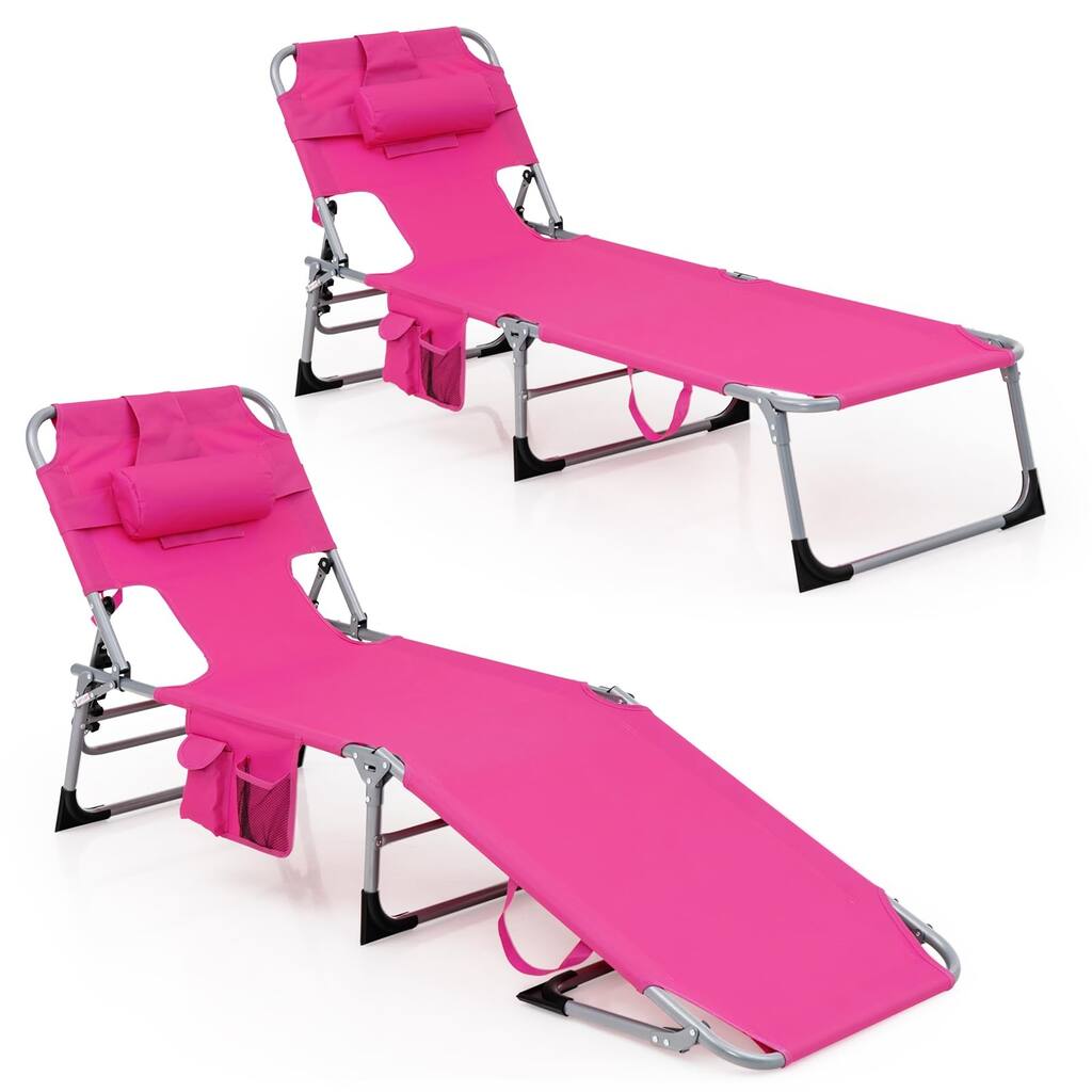 Beach Chaise Lounge with Face Hole, Foldable Tanning Chair Lounger w/Pillow & Pocket, Outdoor Chair, 5-Position Adjustable