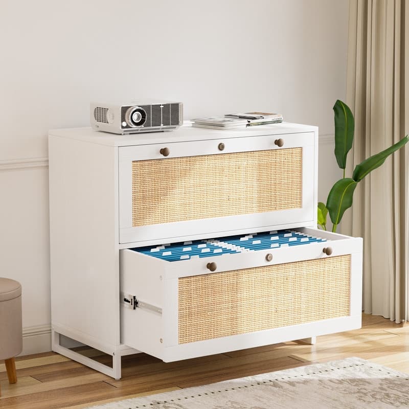 File Cabinet Lateral 2-Drawer Wood Rattan with Lock for Home Office