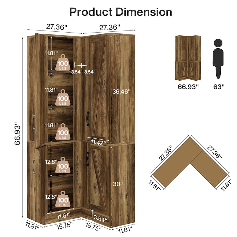 66.9" Tall Corner Cabinet, Farmhouse Storage Cabinet with Doors