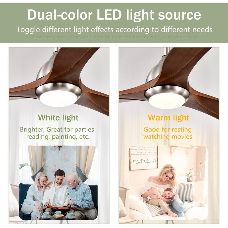 52"Ceiling Fan, Solid Wood Blades Ceiling Fan With Light with Remote Control,Noiseless Reversible Motor,6 Speed,3 Color