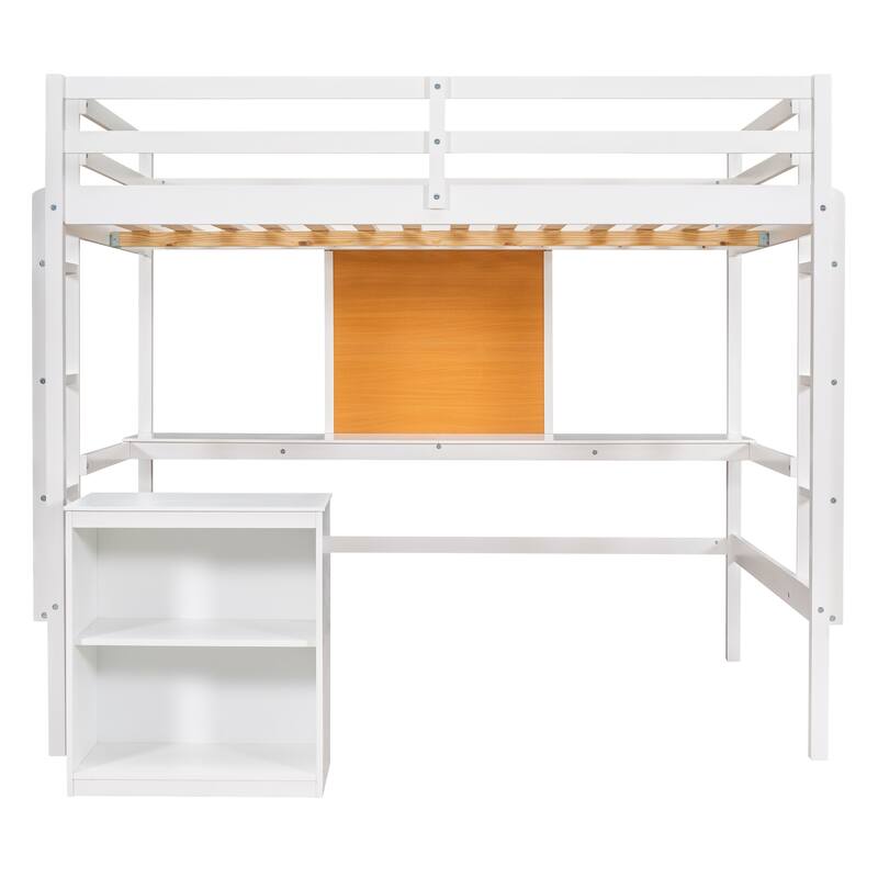 Full Size Loft Bed with Desk, Writing Board and Storage Cabinet, Multi-Functional Wooden Loftbed Frame for Kids,Teens/Bedroom