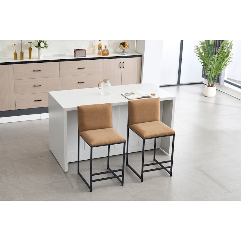Counter Height Bar Stools Set of 2, Linen Upholstered Accent Chair, Kitchen Island Stools with Back & Footrest - Coffee