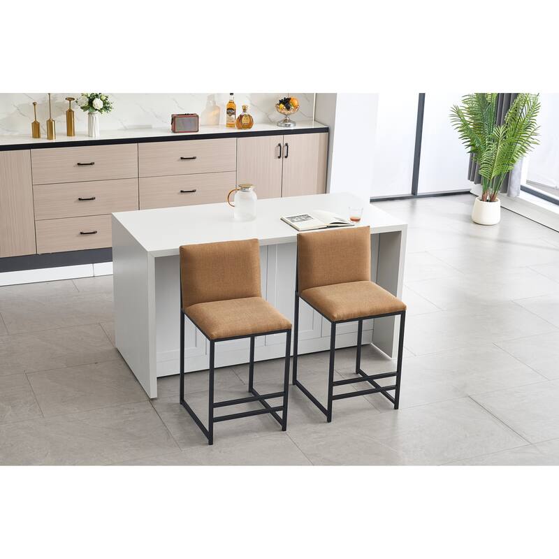 Set of 2 Counter Height Bar Stools, Coffee Brown Linen Upholstery with Metal Frame & Footrest