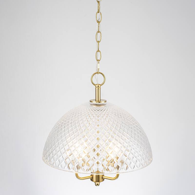 Brushed Gold 3-Light Pendant Light with Half-Dome Grid Shade Dining - Dia.15.75-in