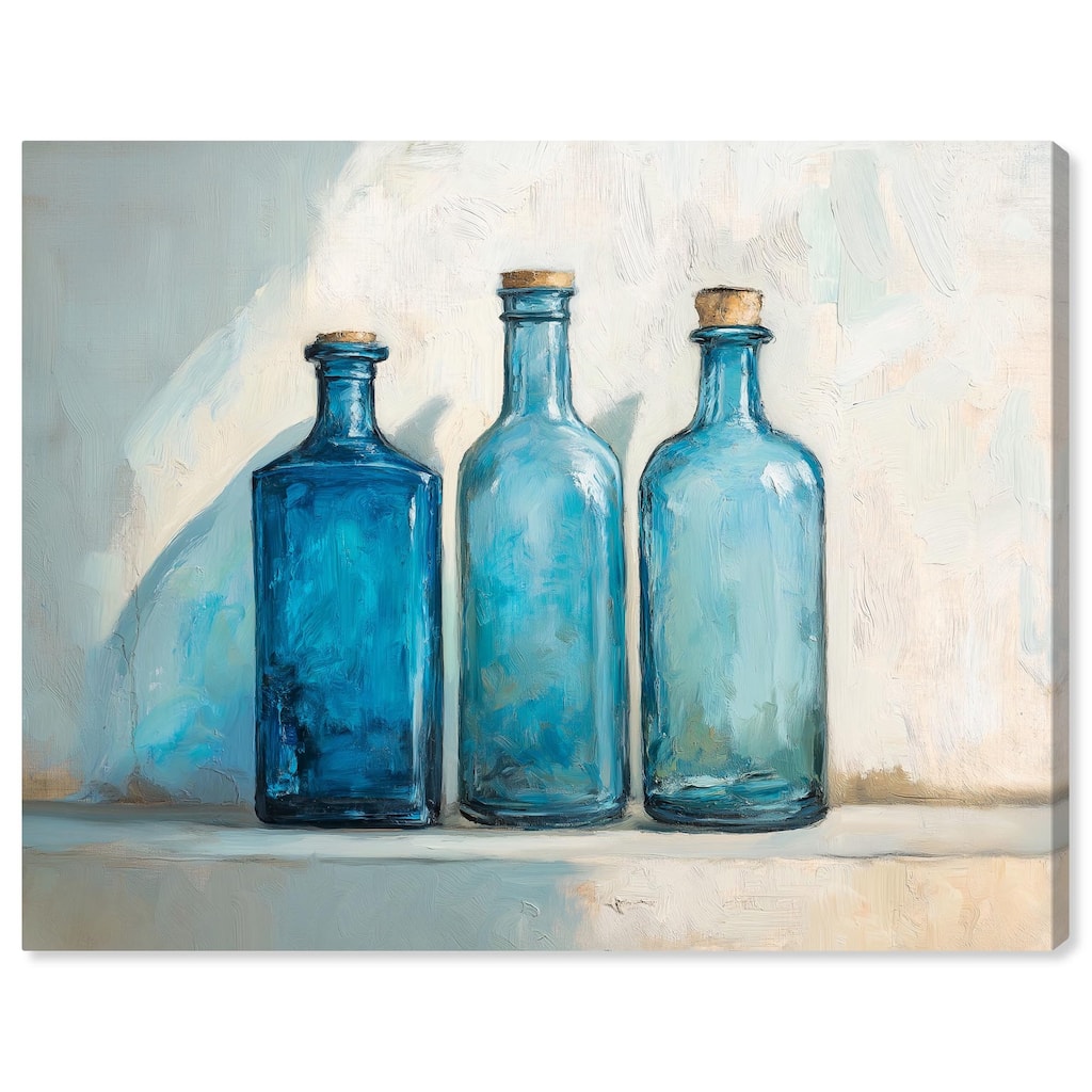 Three Blue Bottles Canvas by Art Remedy, Gallery Wrapped