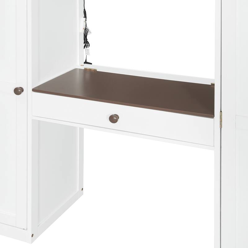 Full Size Loft Bed with Storage Staircase, Built-in Dressing Table, Mirror & Wardrobe - USB Charging & Lights