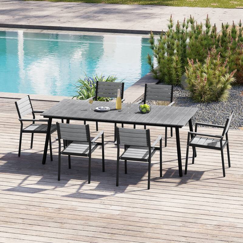 7/9-Piece Outdoor Patio Dining Set Aluminum Dining Table with Umbrella Hole and Stackable Armchairs