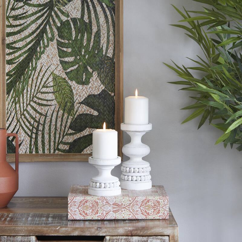 Wood Beaded Pillar Candle Holder - Set of 2 Brown or White - Roche River Decor