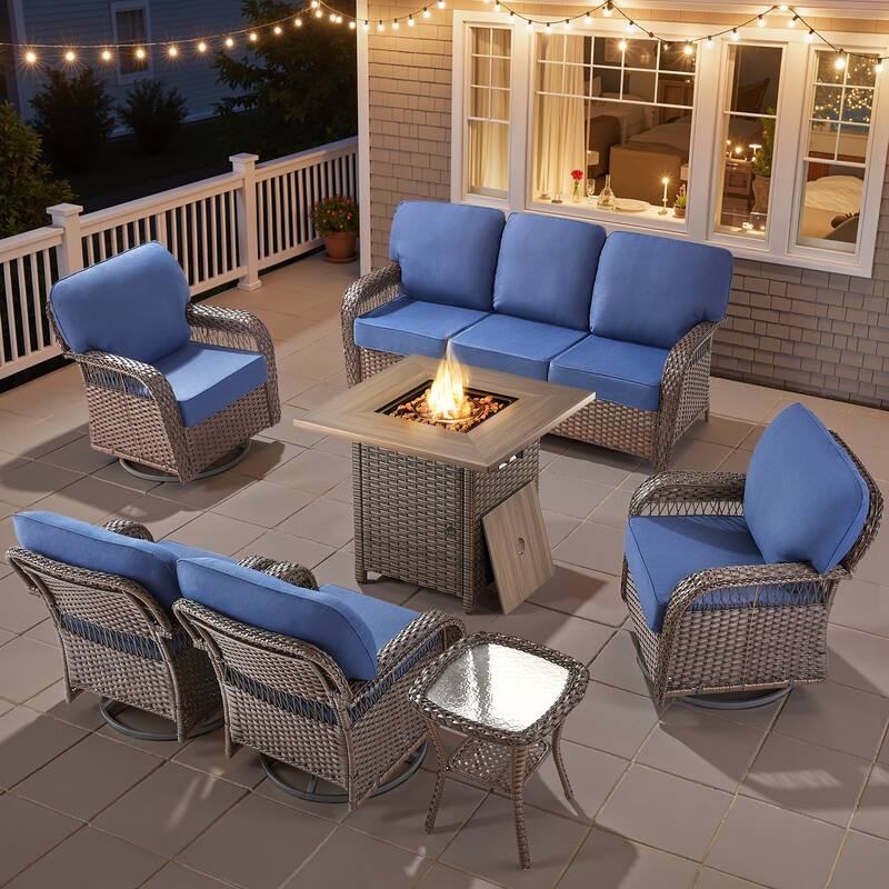 Pocassy Patio Outdoor Fire Table with Sofa Ottoman Swivel Chair Set. - Brown Wicker Blue Cushion - 7-Piece Sofa Swivel Chair Table w/ Fie Pit Table