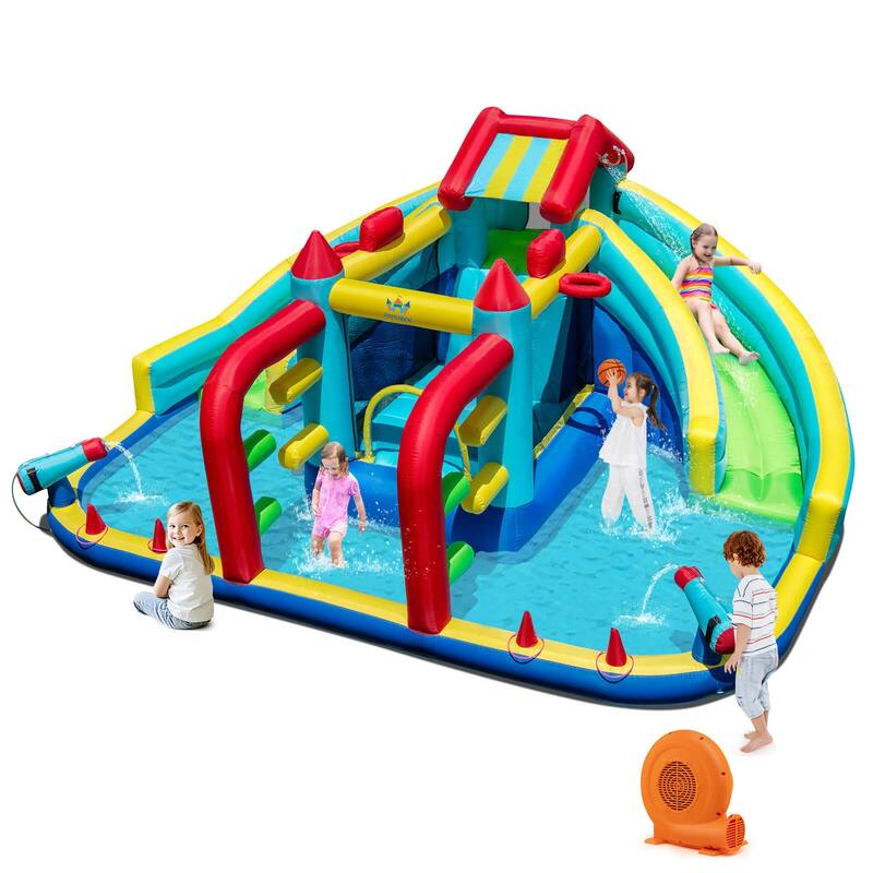 Costway Inflatable Water Park with Climbing Wall Splash Pool Water - Multi-Colored - With 750 blower