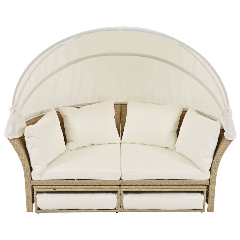 Outdoor Convertible Patio Daybed All Weather Wicker Rattan Round Sofa Furniture Set with Retractable Canopy