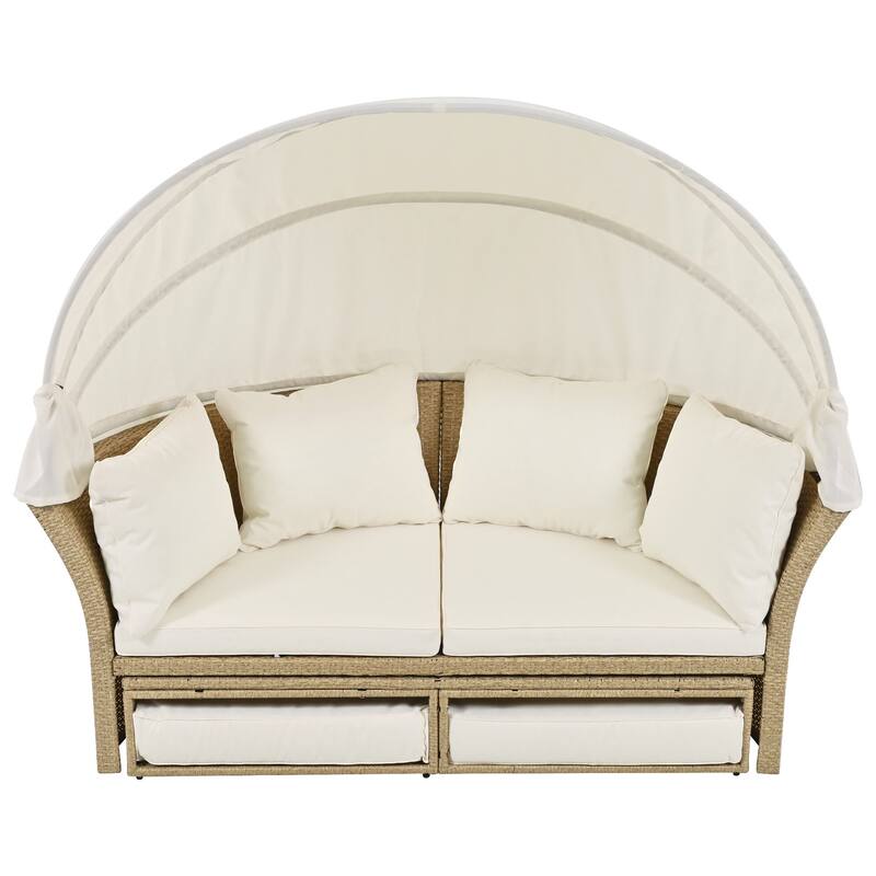 Wicker Rattan Outdoor Patio Double Daybed with Retractable Canopy and 4 Pillows, Convertible Loveseat/Sofa Set
