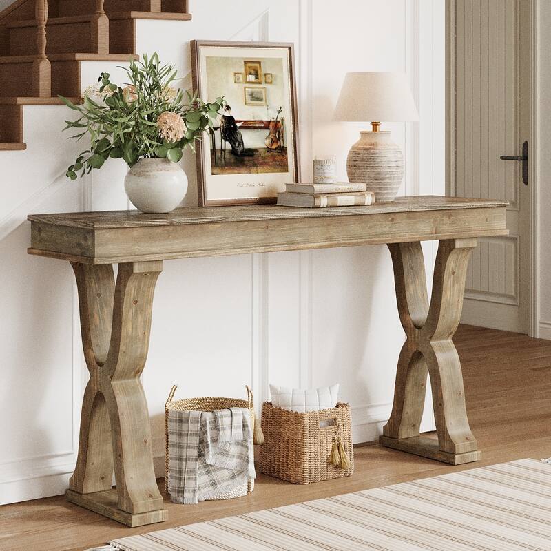 Solid Wood Console Table, Entryway Table, Long Sofa Side Hallway Foyer Table for Living Room - Washed Brown