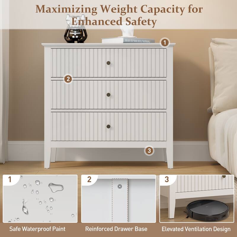 Fluted 3 Drawer Dresser for Bedroom