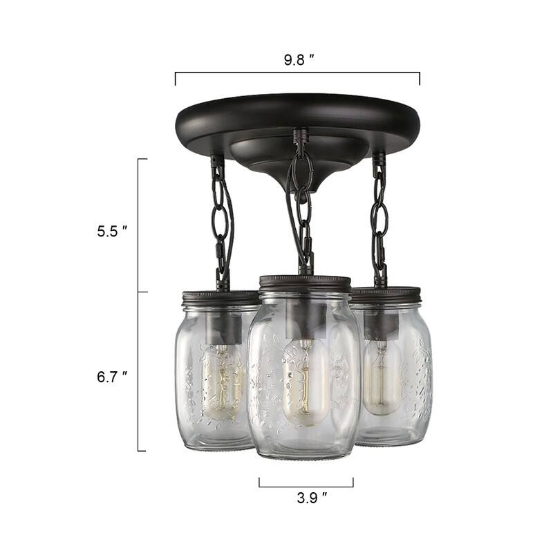 Modern Farmhouse 3-Light Mason Jar Glass Chandelier Semi Flush Mount Ceiling Light - D11.8" x H13"
