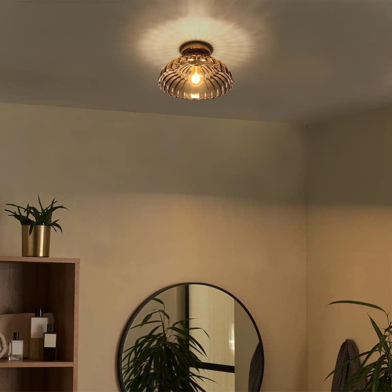 1-Light Vintage Brass Finish Metal Semi-Flush Mount Ceiling Light with Amber/Green/Grey/Clear Glass Shade for Kitchen, Hallway
